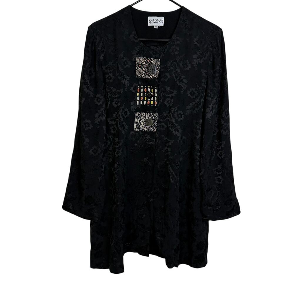 Vtg Yasuko Tunic Top Black M/L Womens Long Sleeve Jacquard Floral Artsy Button